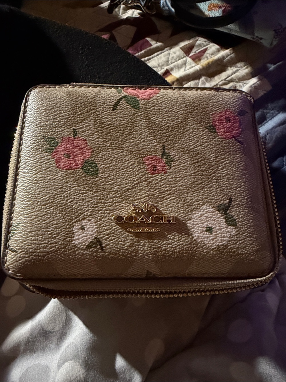 Coach Cream Zip Wallet with Pink Floral Print and Gold Hardware
